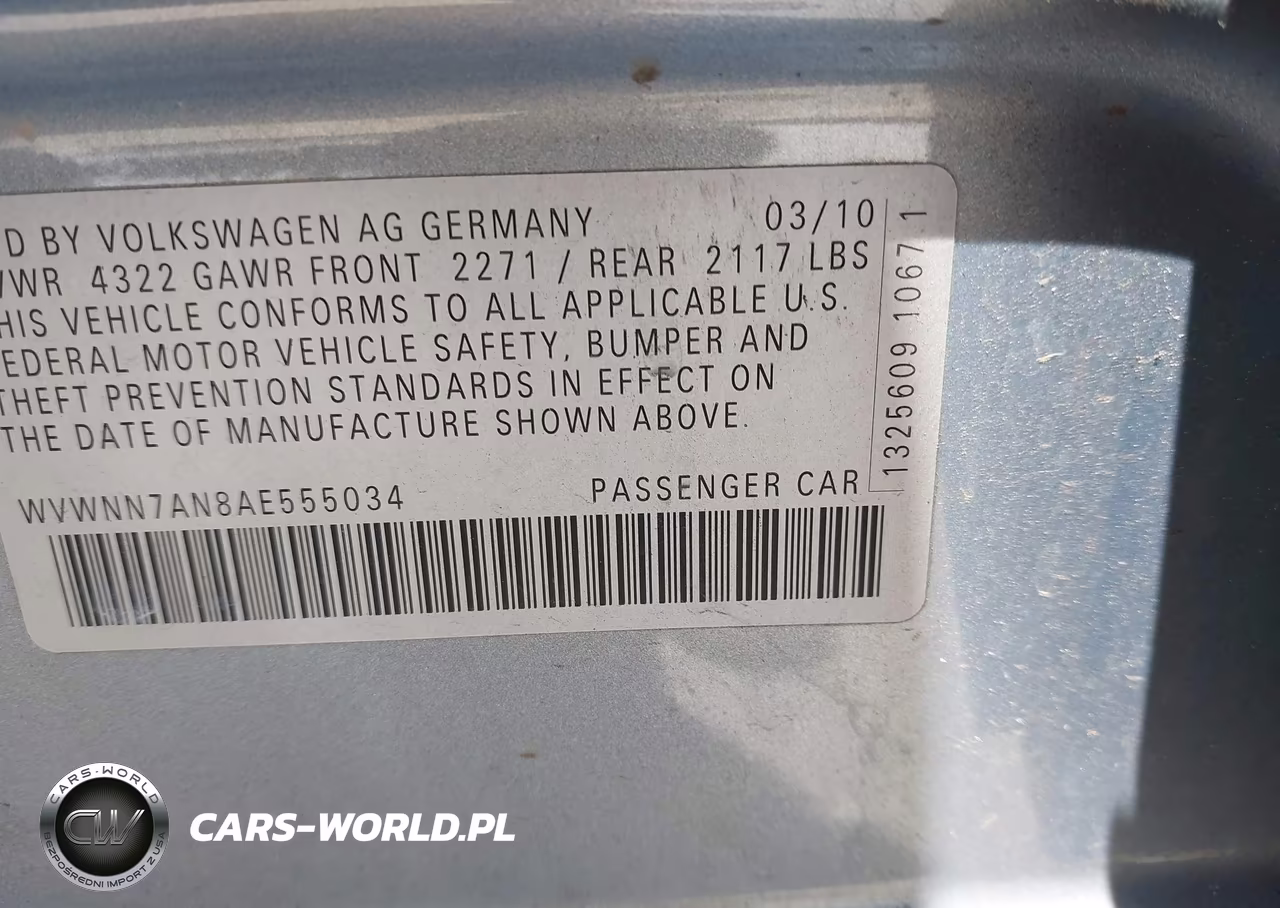 2010 Volkswagen Cc Sport VIN:WVWNN7AN8AE555034 - 9
