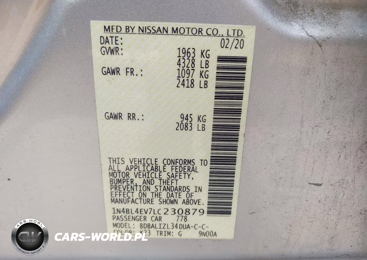 2020 Nissan Altima Sl Fwd VIN:1N4BL4EV7LC230879 - 9