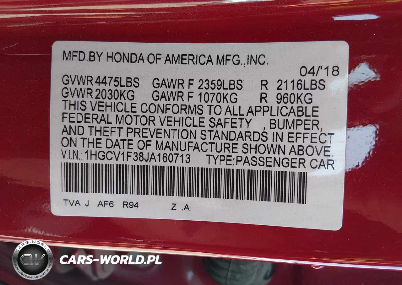 2018 Honda Accord Sport VIN:1HGCV1F38JA160713 - 9