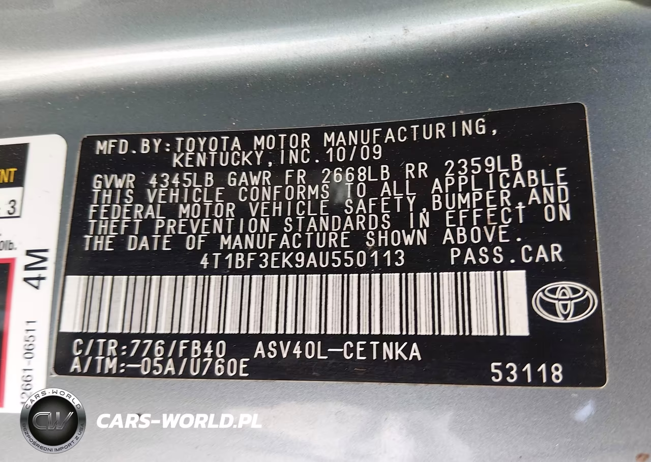 TOYOTA CAMRY VIN:4T1BF3EK9AU550113 - 9