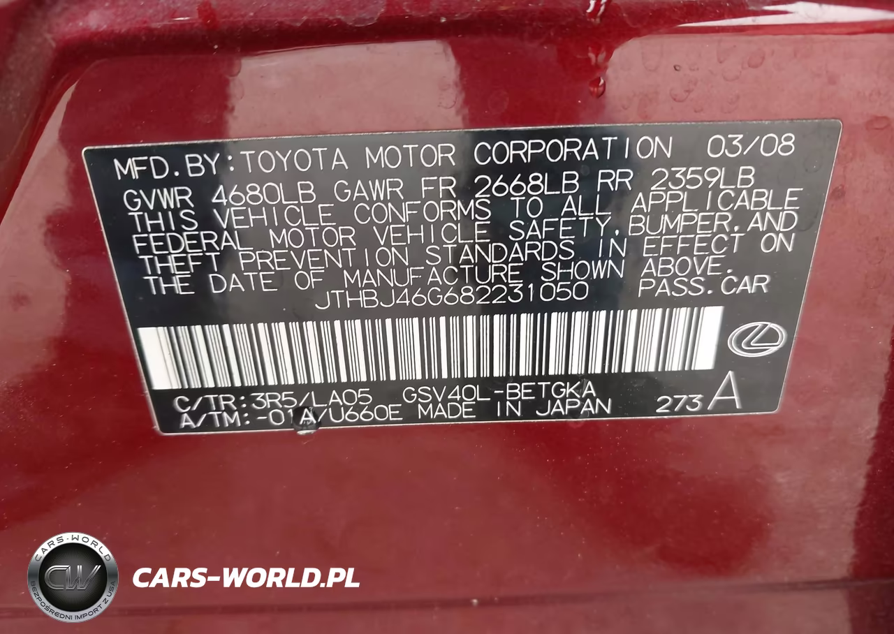 2008 Lexus Es 350 VIN:JTHBJ46G682231050 - 9
