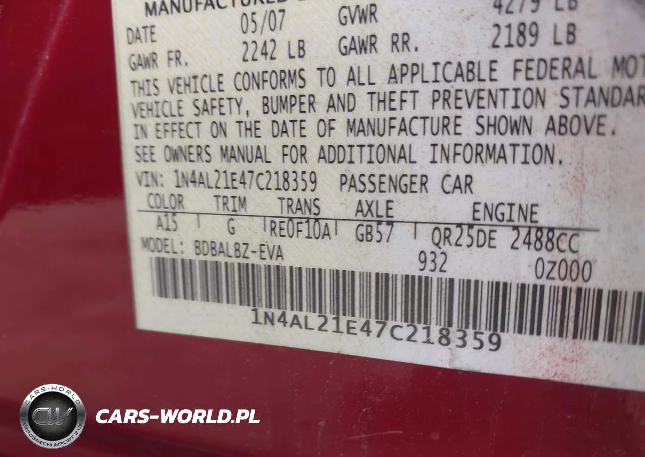 2007 Nissan Altima 2.5 S VIN:1N4AL21E47C218359 - 9
