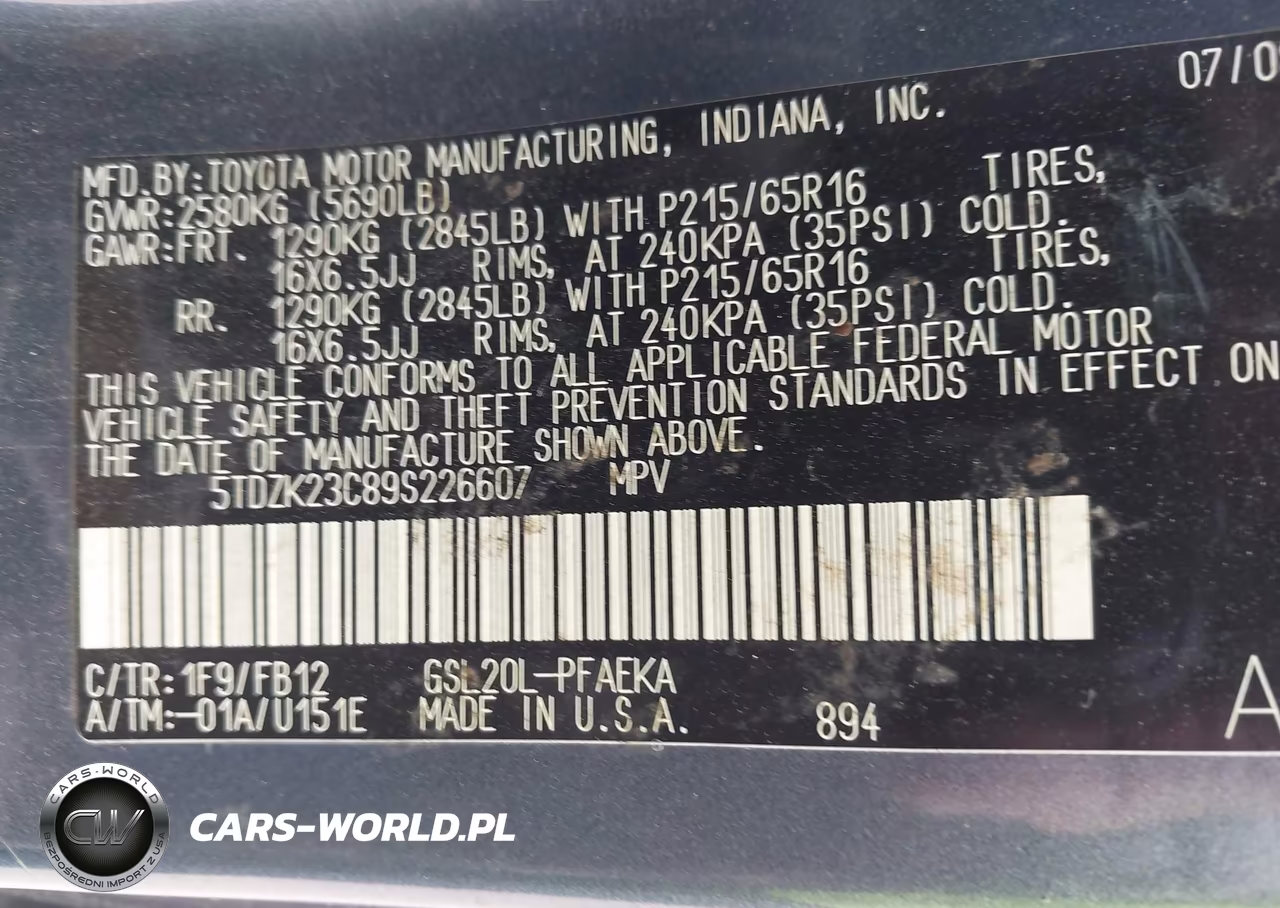 2009 Toyota Sienna Ce VIN:5TDZK23C89S226607 - 9
