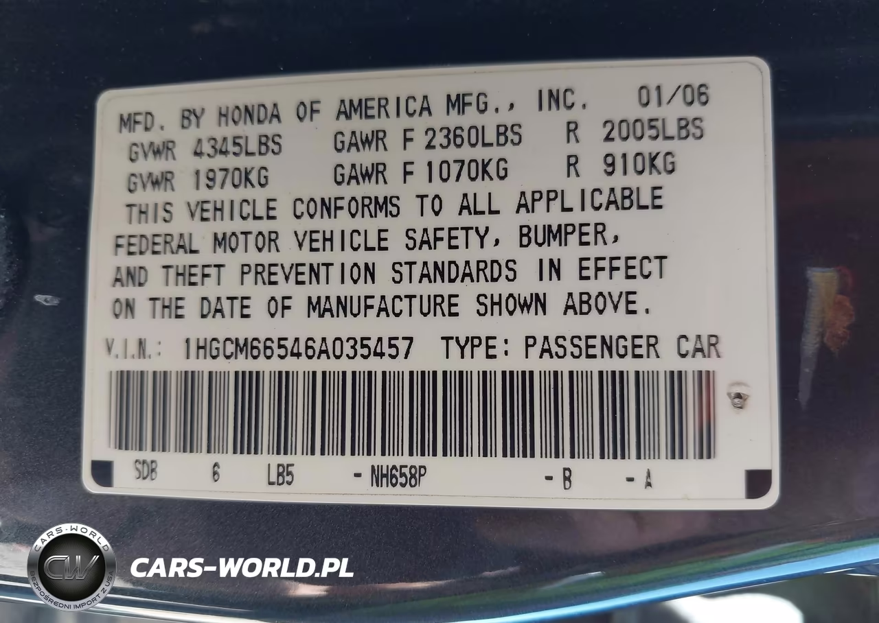 2006 Honda Accord 3.0 Ex VIN:1HGCM66546A035457 - 9