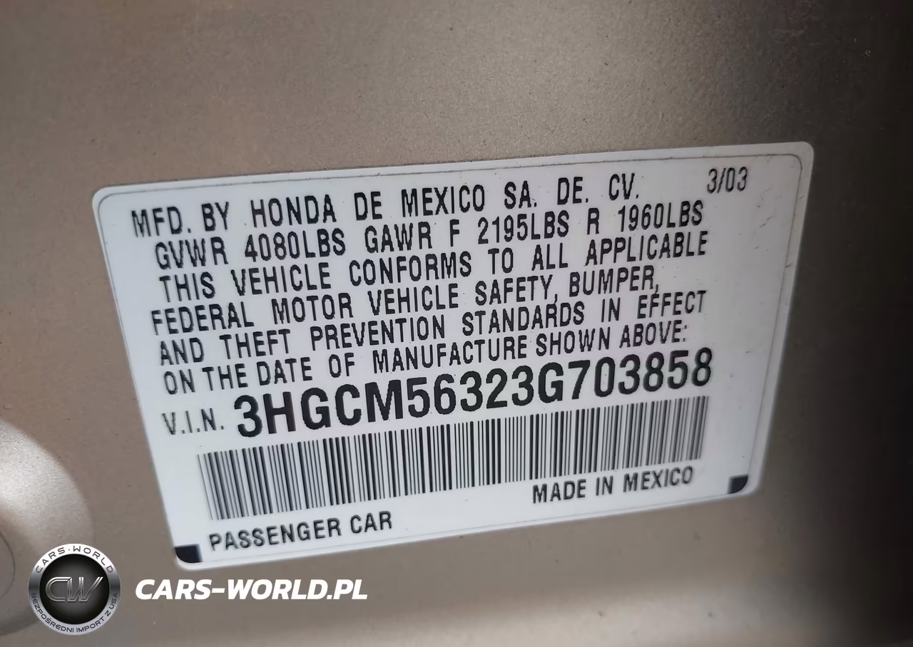 2003 Honda Accord Sdn Lx VIN:3HGCM56323G703858 - 9