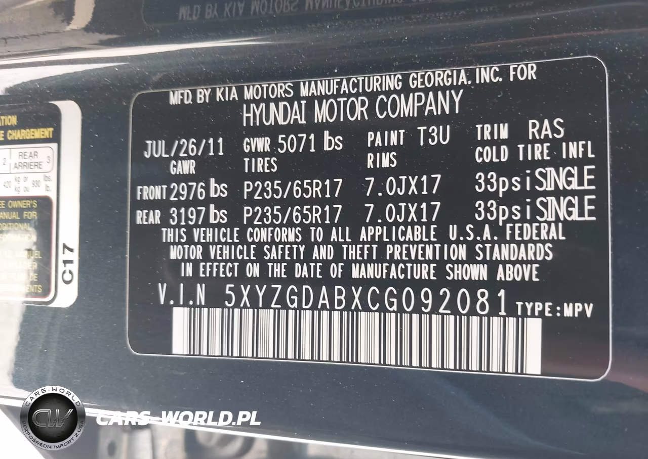 2012 Hyundai Santa Fe Gls VIN:5XYZGDABXCG092081 - 9