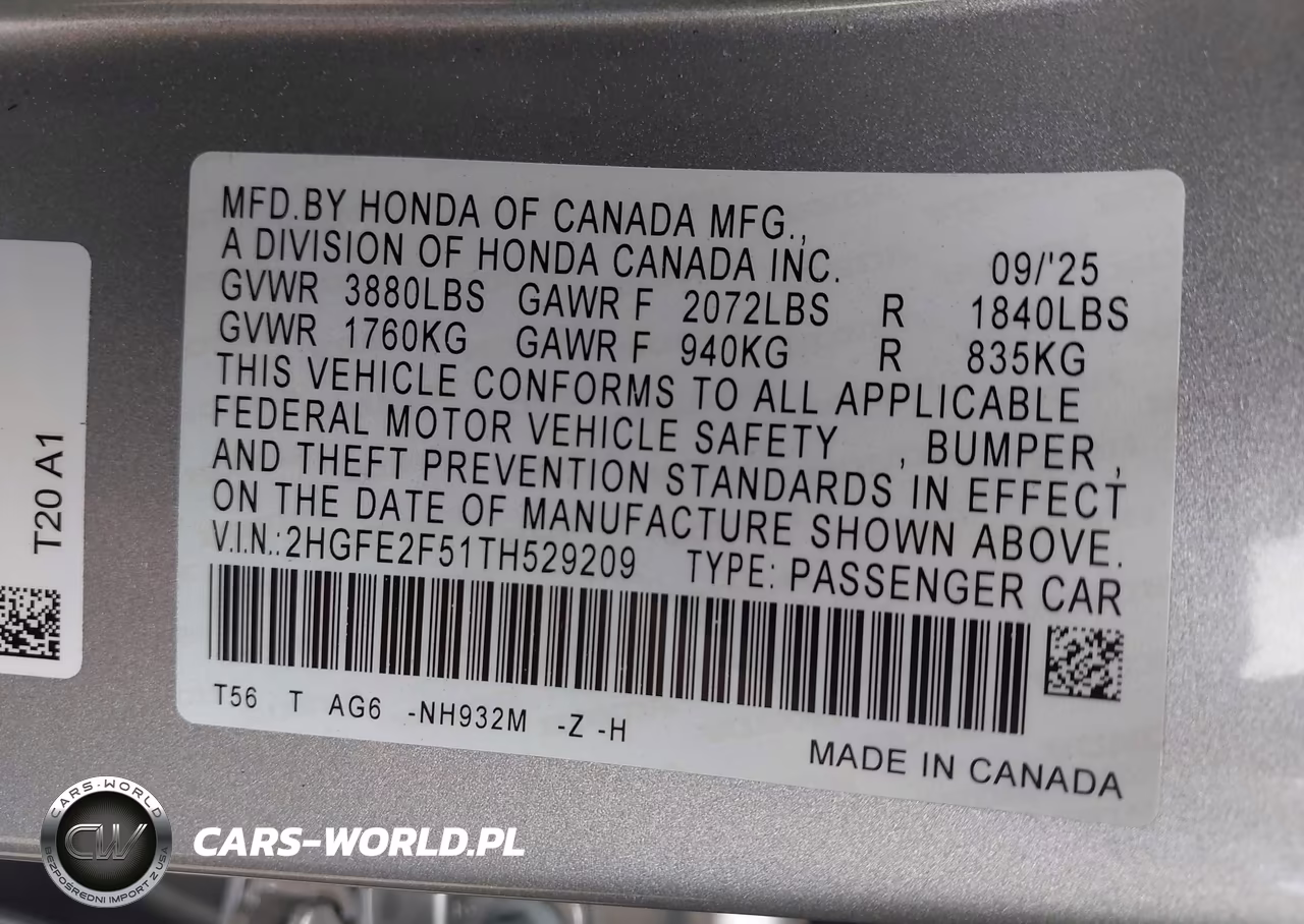 2026 Honda Civic Sport VIN:2HGFE2F51TH529209 - 9