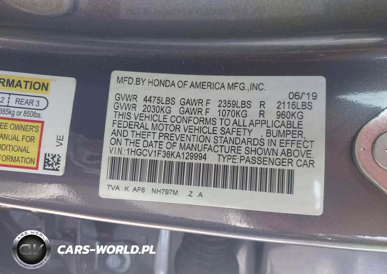 2019 Honda Accord Sport VIN:1HGCV1F36KA129994 - 9