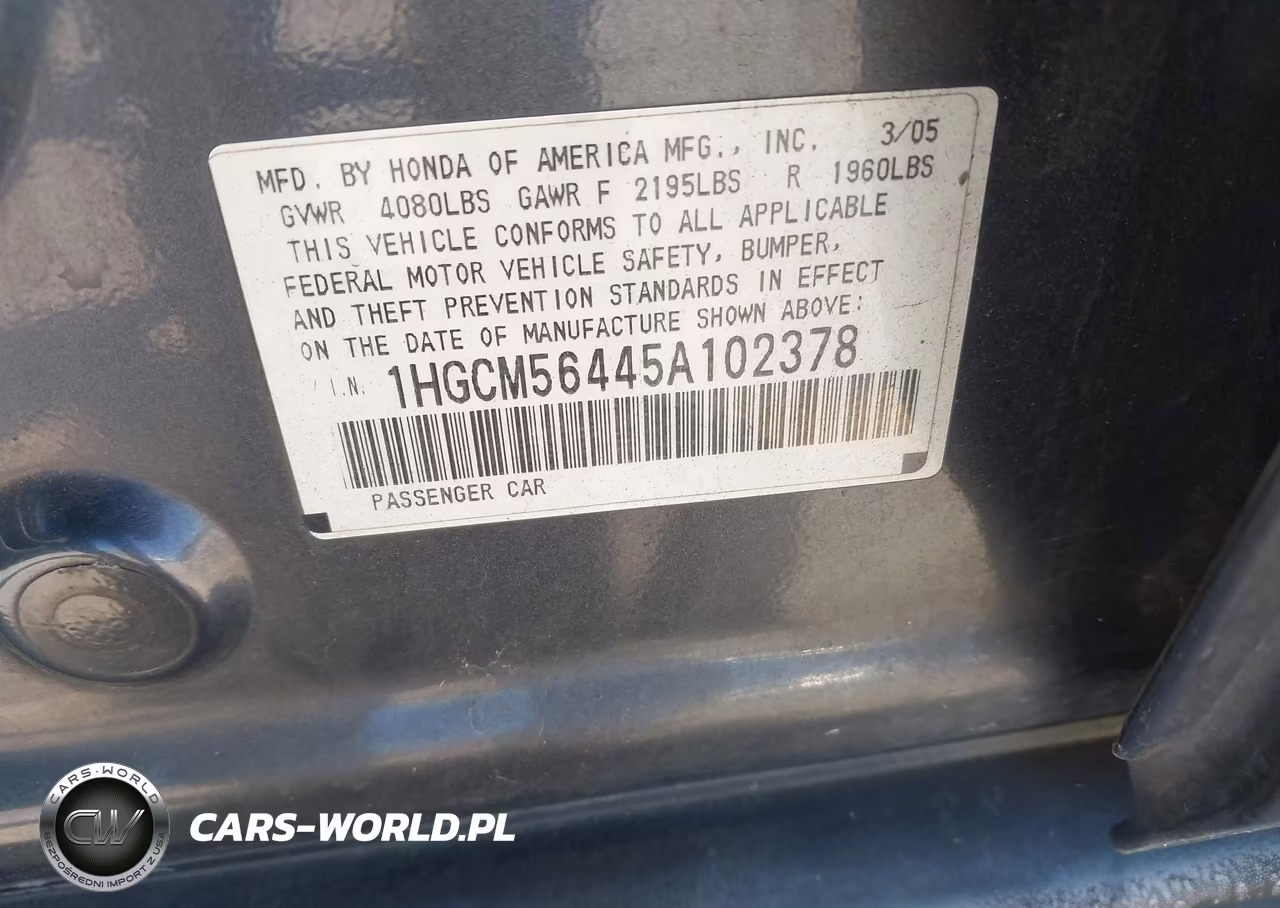 2005 Honda Accord 2.4 Lx VIN:1HGCM56445A102378 - 9