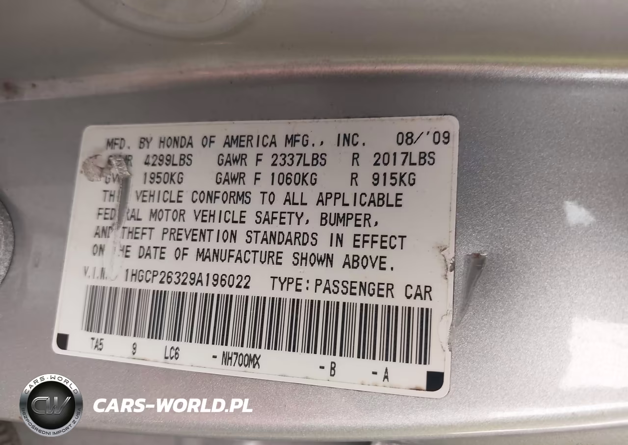 2009 Honda Accord 2.4 Lx VIN:1HGCP26329A196022 - 9