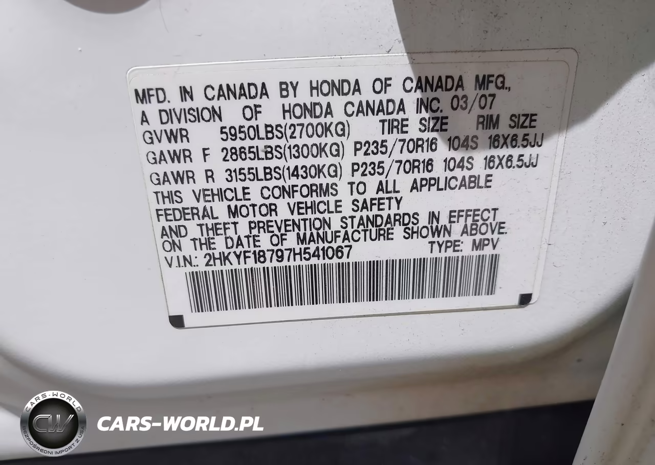 2007 Honda Pilot Ex-L VIN:2HKYF18797H541067 - 9