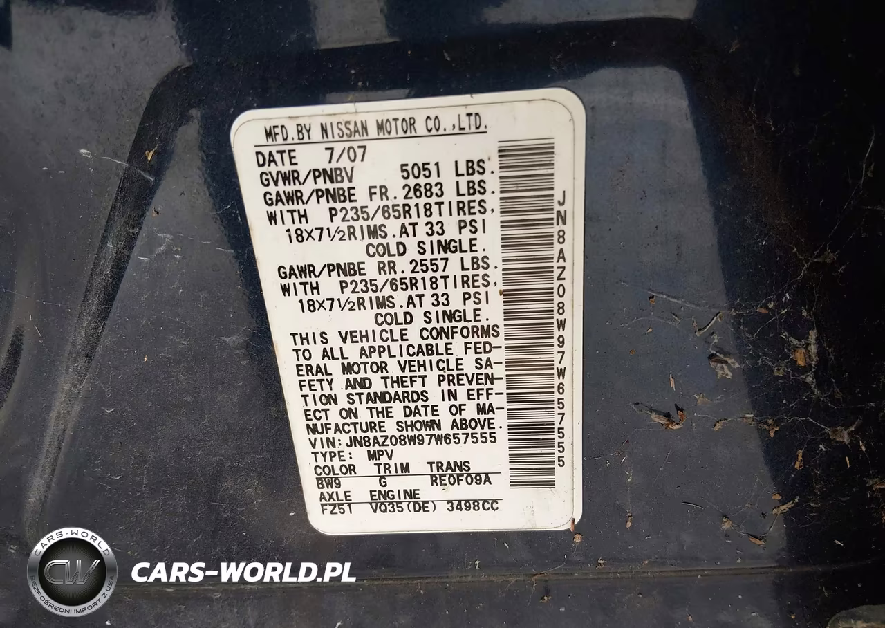 2007 Nissan Murano Sl VIN:JN8AZ08W97W657555 - 9