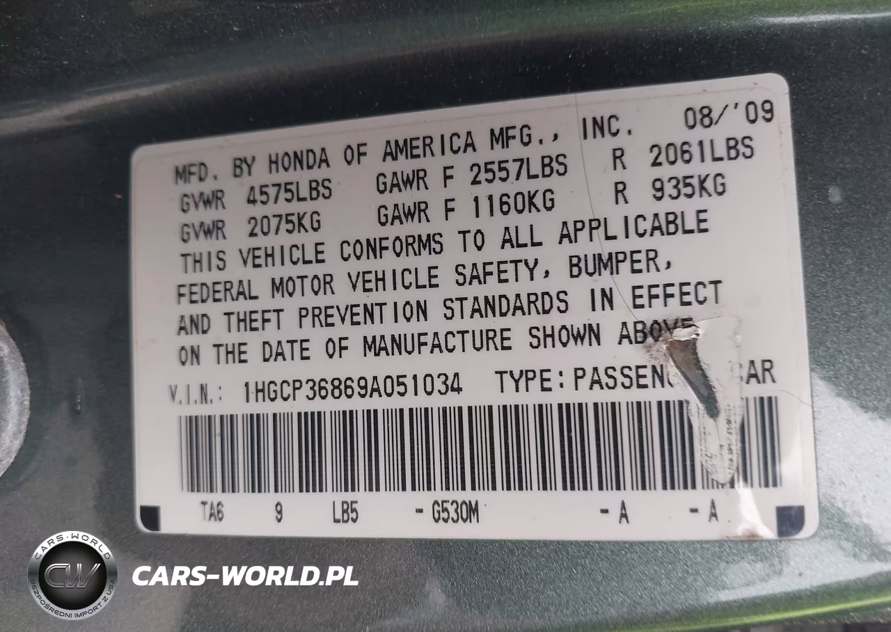 2009 Honda Accord 3.5 Ex-L VIN:1HGCP36869A051034 - 9