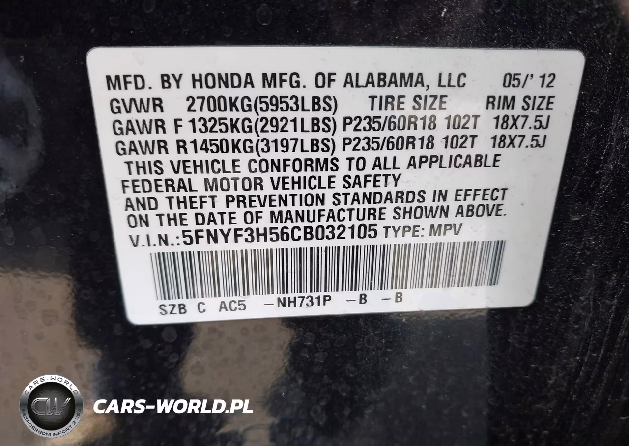 2012 Honda Pilot Ex-L VIN:5FNYF3H56CB032105 - 9