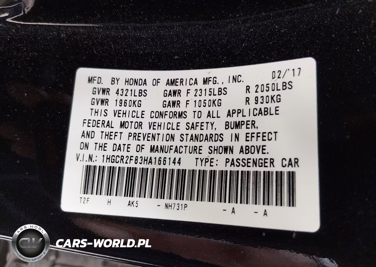 2017 Honda Accord Ex-L VIN:1HGCR2F83HA166144 - 9