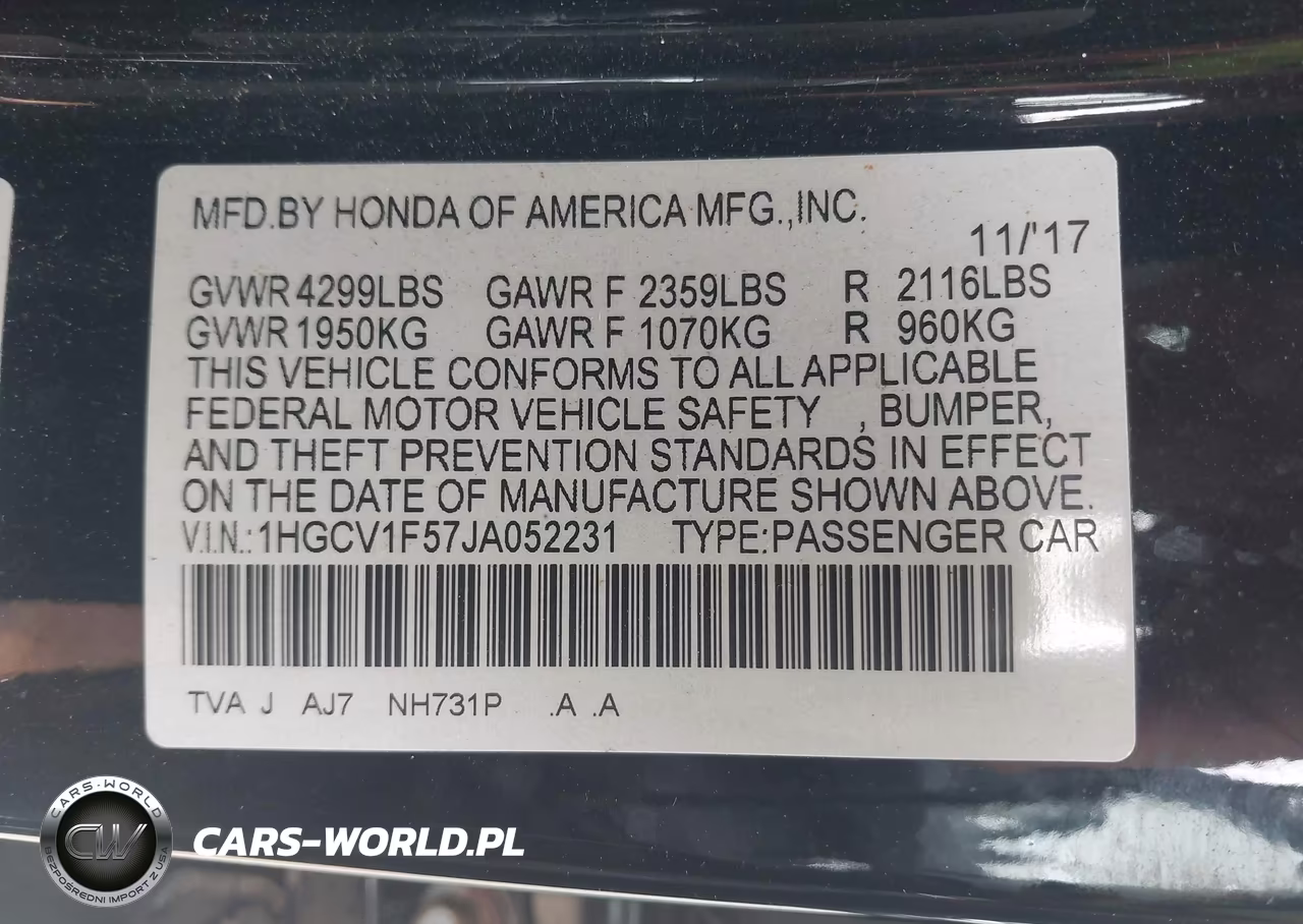 2018 Honda Accord Ex-L VIN:1HGCV1F57JA052231 - 9