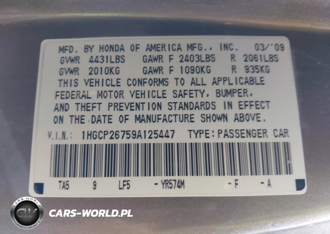 2009 Honda Accord 2.4 Ex VIN:1HGCP26759A125447 - 9