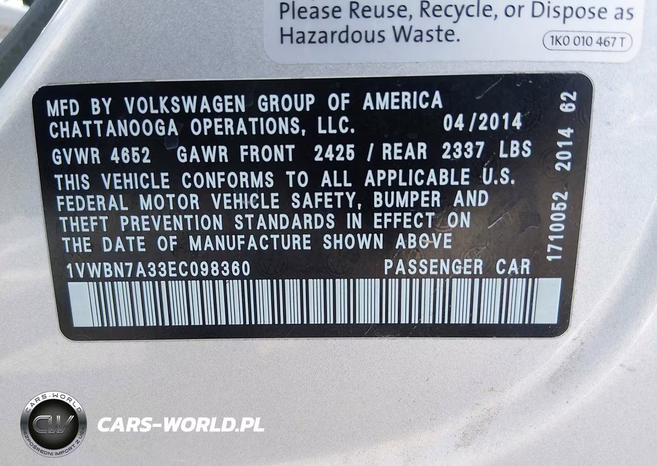 2014 Volkswagen Passat 2.0L Tdi Se VIN:1VWBN7A33EC098360 - 9