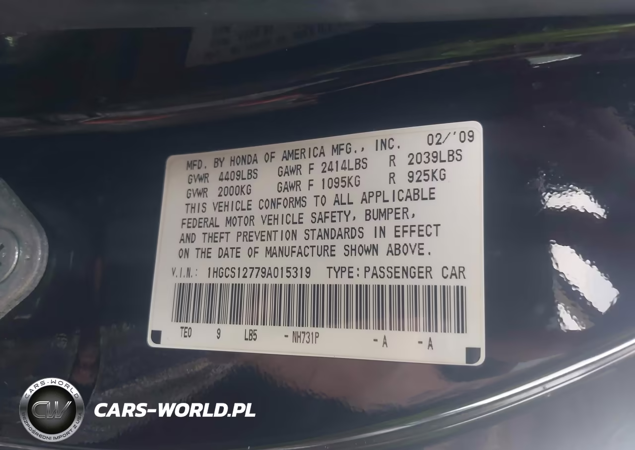 2009 Honda Accord 2.4 Ex VIN:1HGCS12779A015319 - 9
