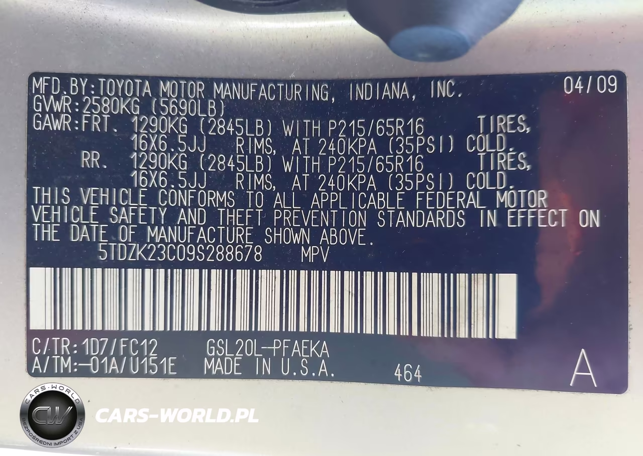 2009 Toyota Sienna Le VIN:5TDZK23C09S288678 - 9