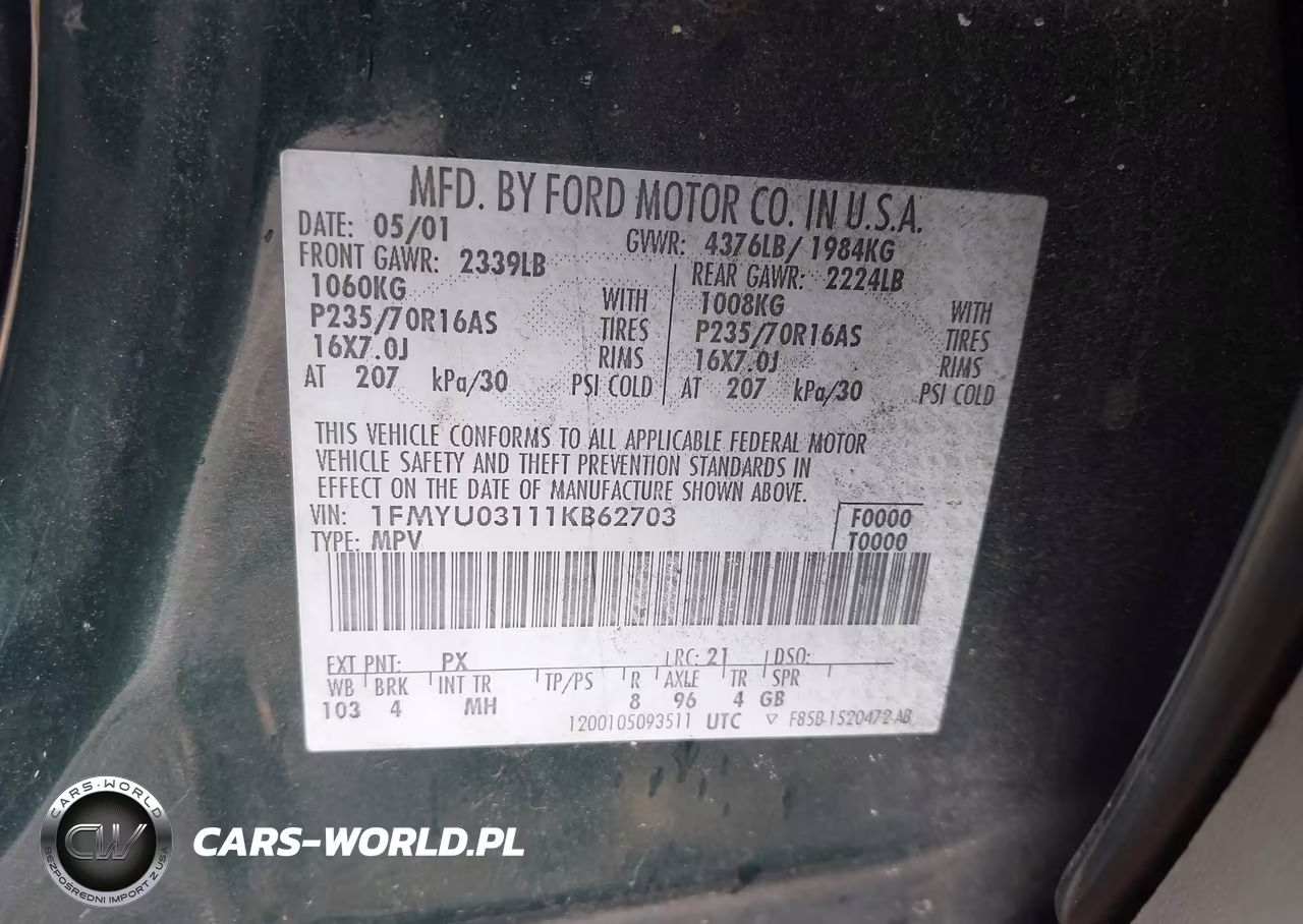 2001 Ford Escape Xlt VIN:1FMYU03111KB62703 - 9