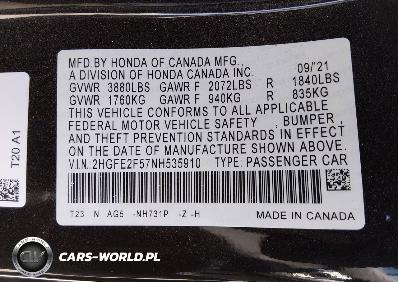 2022 Honda Civic Sport VIN:2HGFE2F57NH535910 - 9