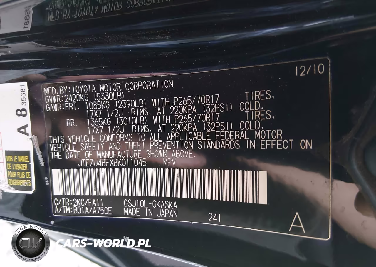 2011 Toyota Fj Cruiser VIN:JTEZU4BFXBK011045 - 9