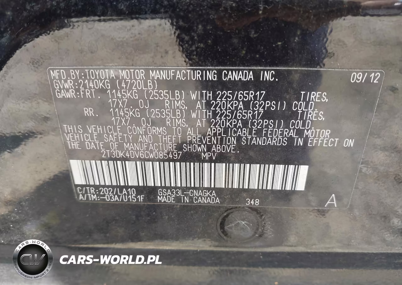 2012 Toyota Rav4 Limited V6 VIN:2T3DK4DV6CW085497 - 9