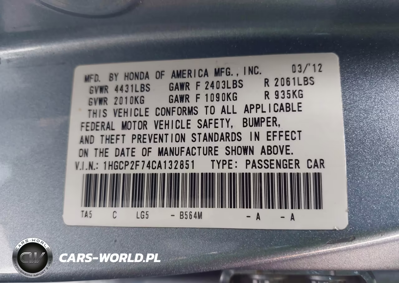 2012 Honda Accord 2.4 Ex VIN:1HGCP2F74CA132851 - 9