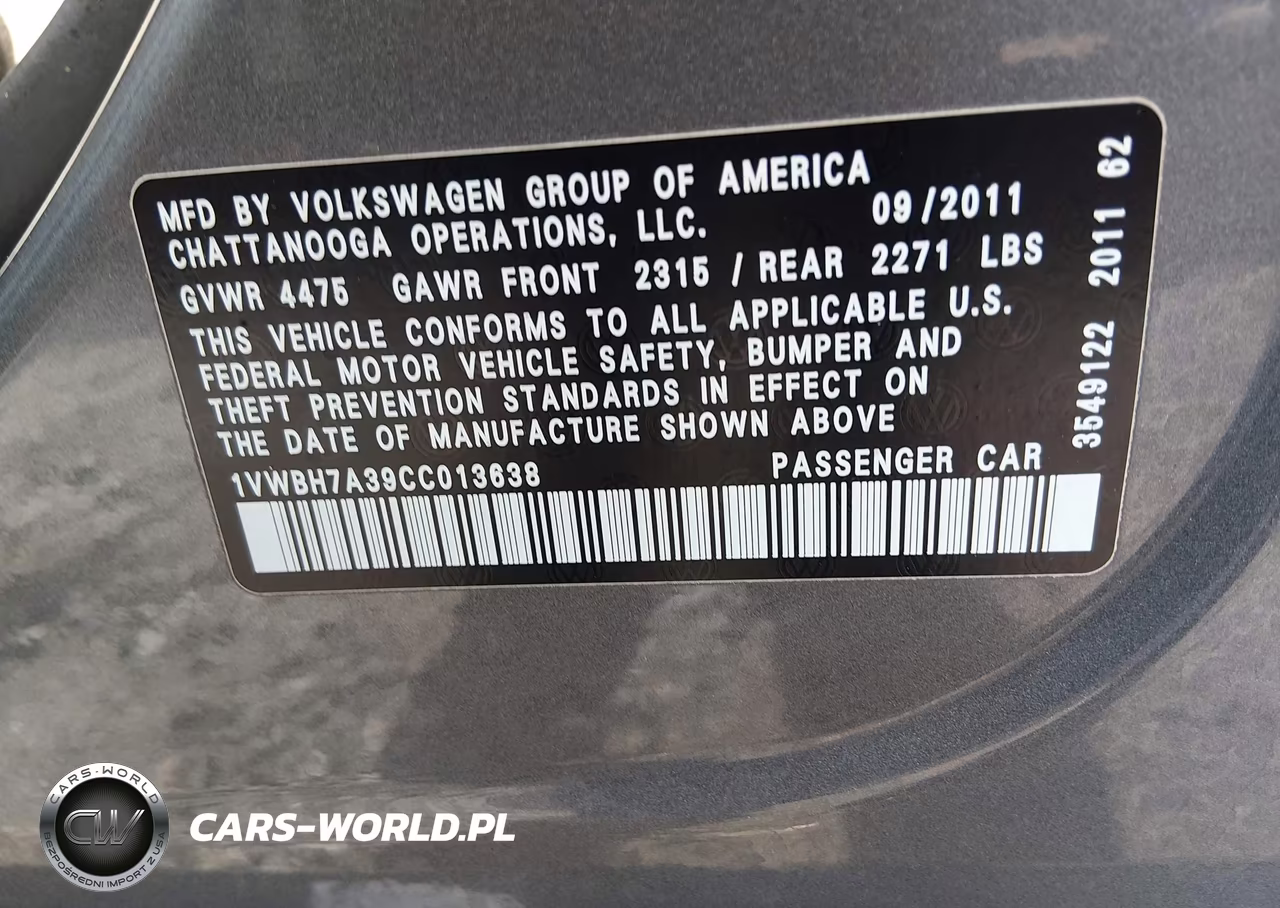 2012 Volkswagen Passat 2.5L Se VIN:1VWBH7A39CC013638 - 9