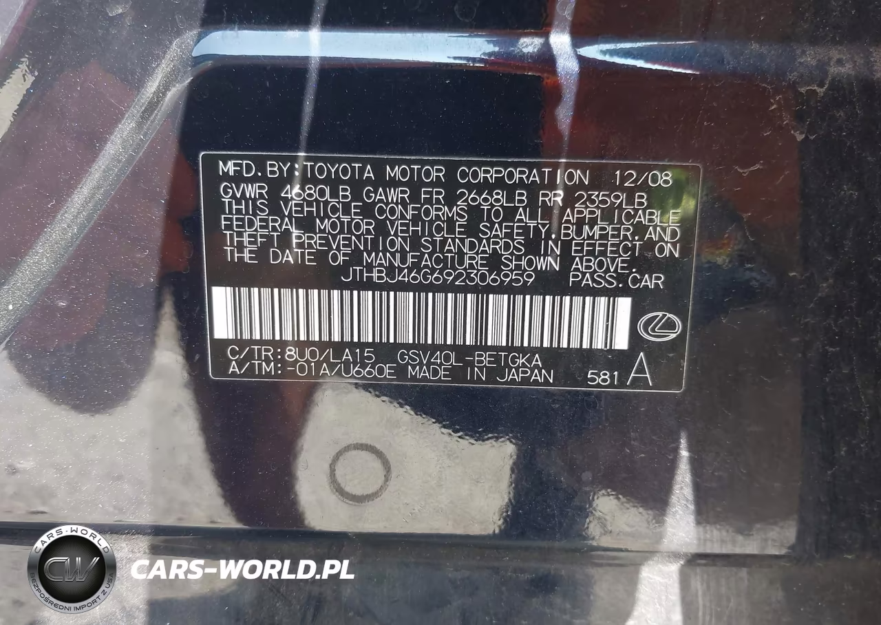 2009 Lexus Es 350 VIN:JTHBJ46G692306959 - 9