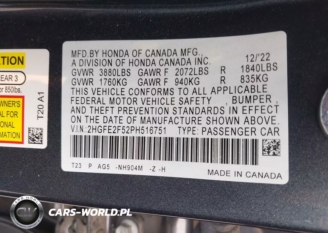 2023 Honda Civic Sport VIN:2HGFE2F52PH516751 - 9