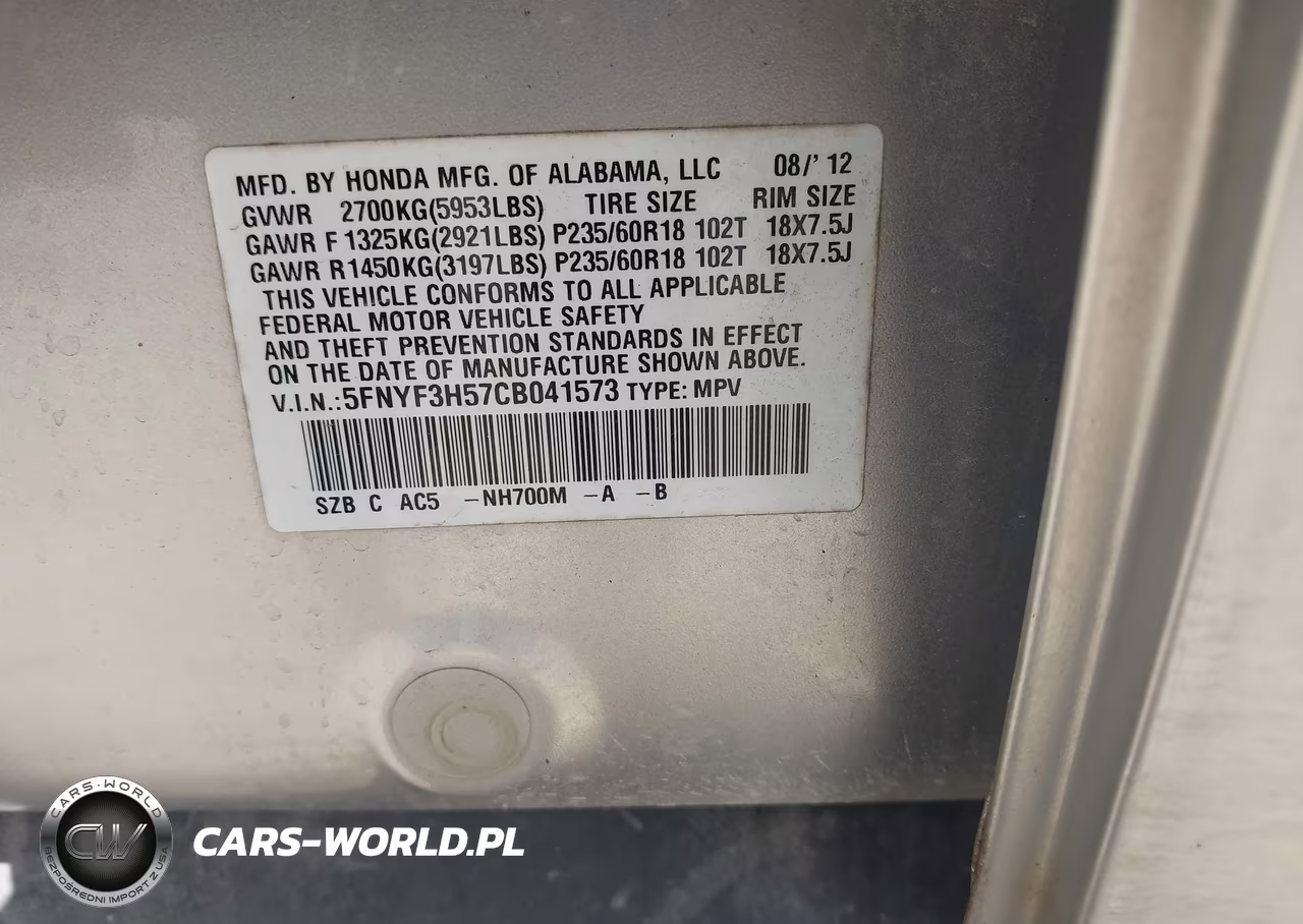 2012 Honda Pilot Ex-L VIN:5FNYF3H57CB041573 - 9