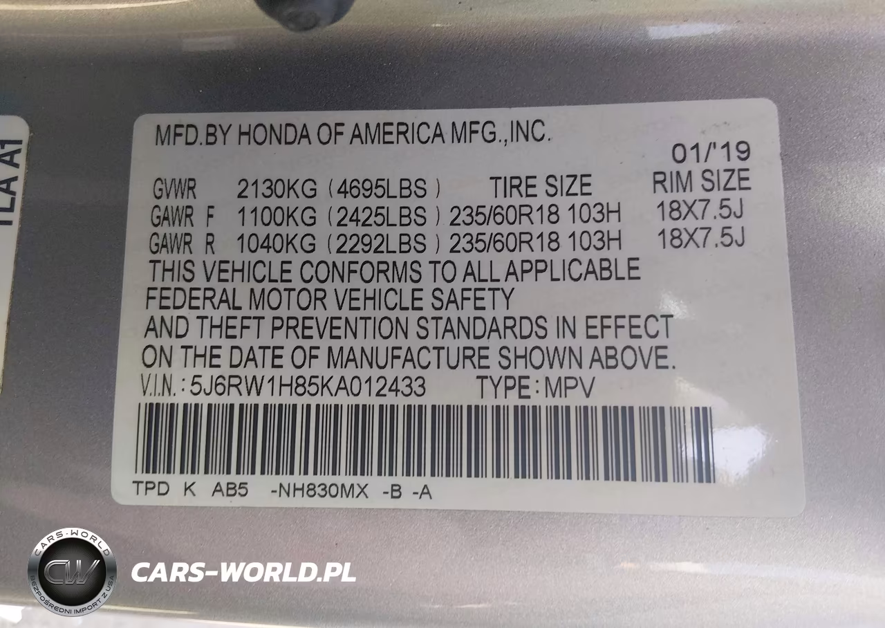 2019 Honda Cr-V Ex-L VIN:5J6RW1H85KA012433 - 9