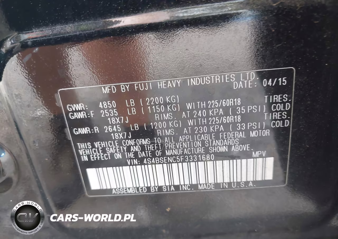 2015 Subaru Outback 3.6R Limited VIN:4S4BSENC5F3331680 - 9