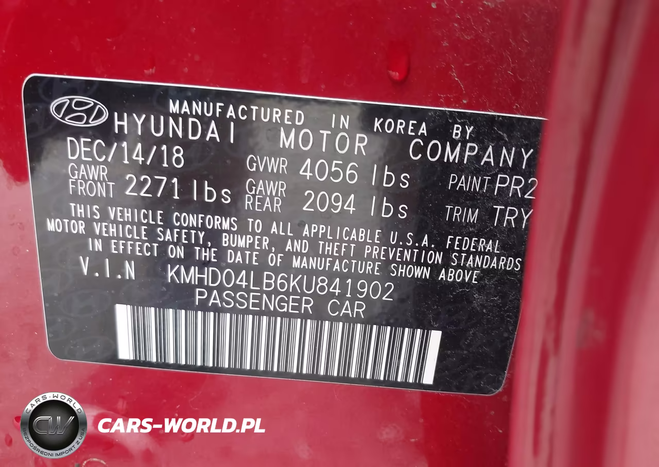 2019 Hyundai Elantra Sport VIN:KMHD04LB6KU841902 - 9