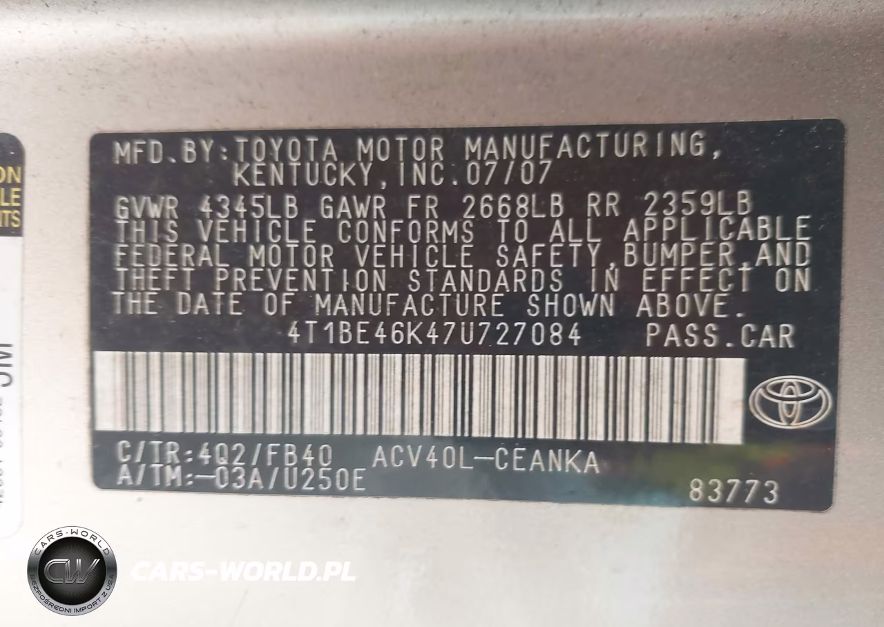 2007 Toyota Camry Le VIN:4T1BE46K47U727084 - 9