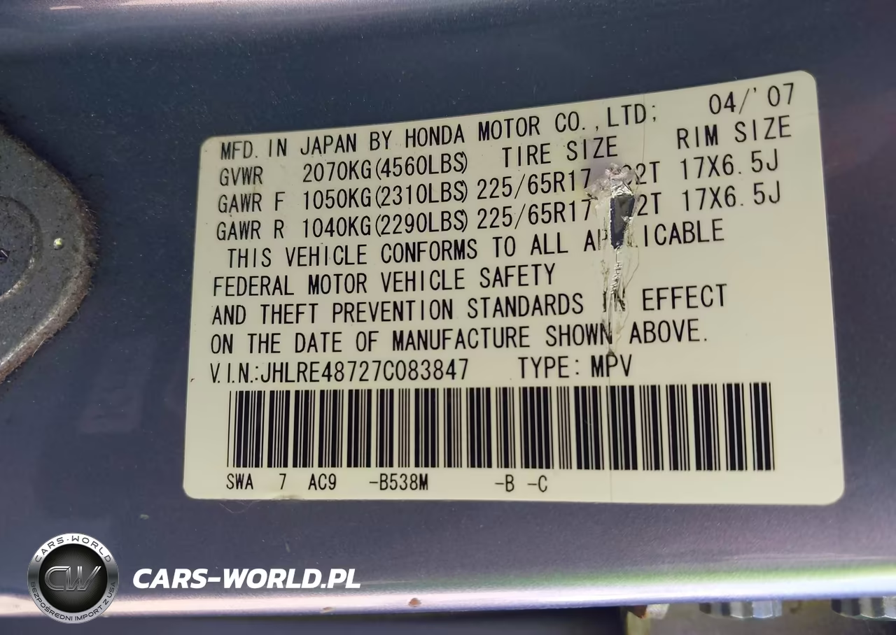 2007 Honda Cr-V Ex-L VIN:JHLRE48727C083847 - 9