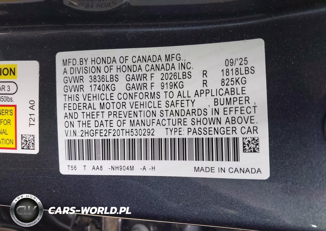 2026 Honda Civic Lx VIN:2HGFE2F20TH530292 - 9