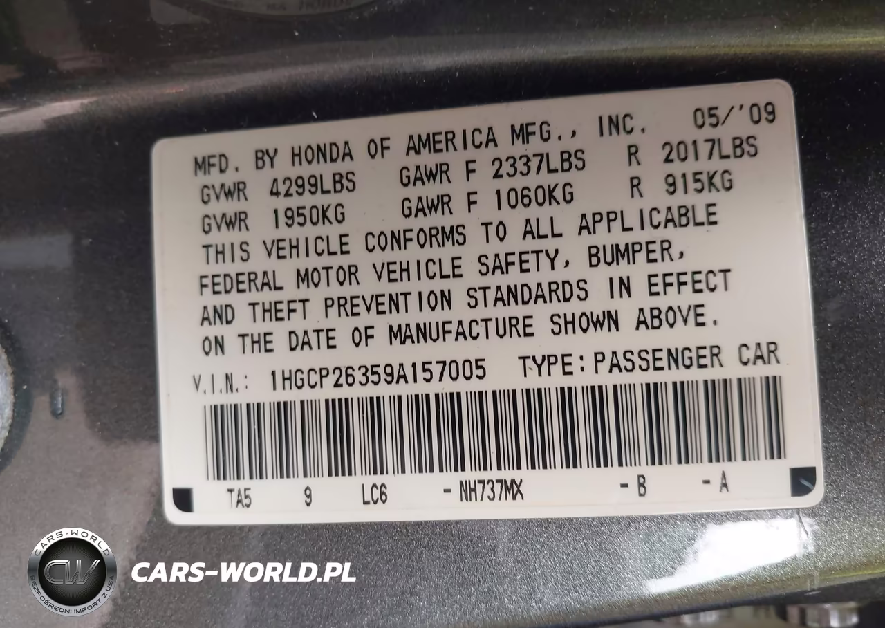 2009 Honda Accord 2.4 Lx VIN:1HGCP26359A157005 - 9