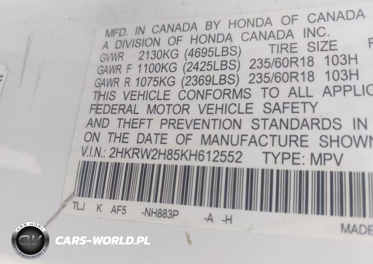 2019 Honda Cr-V Ex-L VIN:2HKRW2H85KH612552 - 9