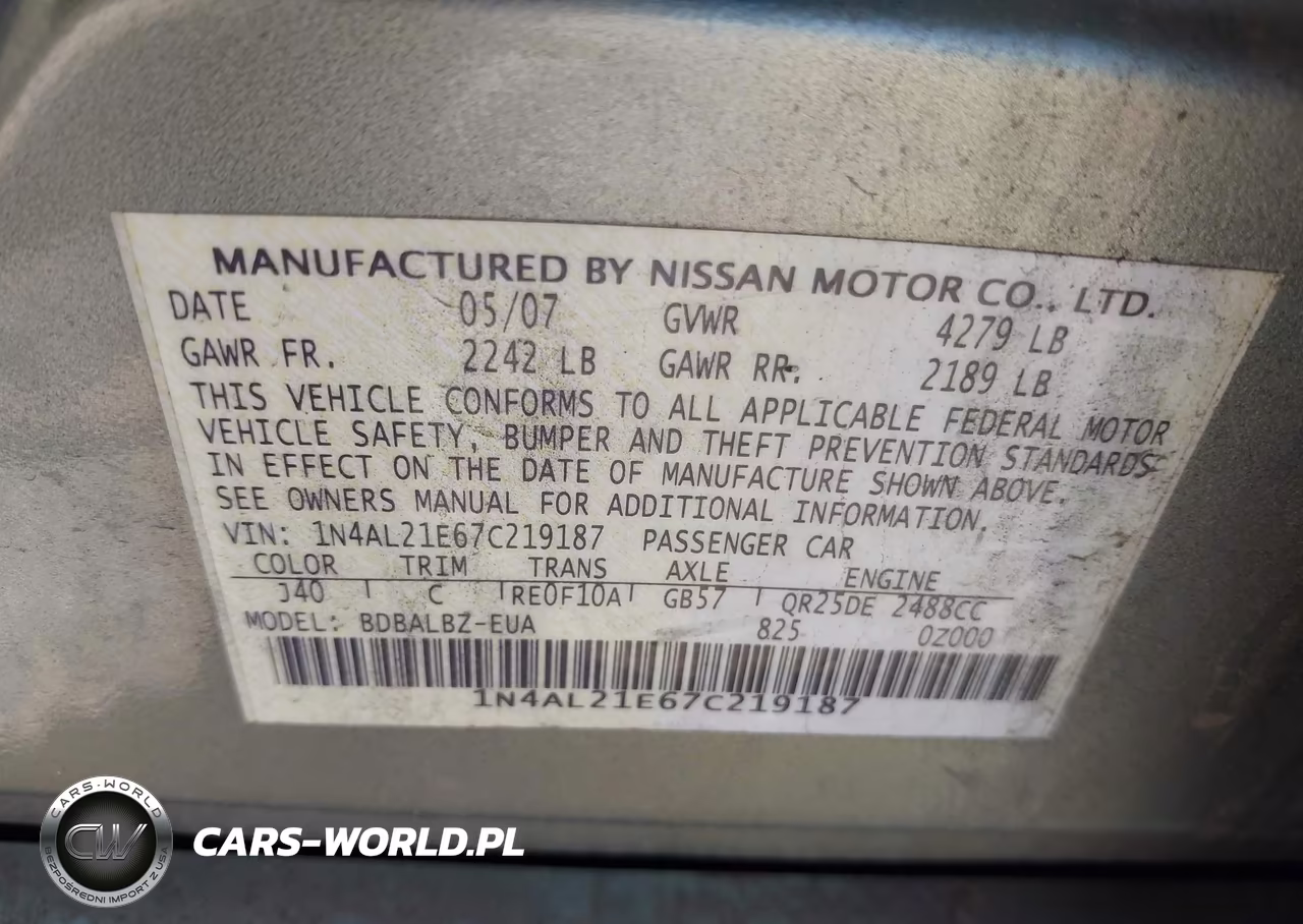 2007 Nissan Altima 2.5 S VIN:1N4AL21E67C219187 - 9