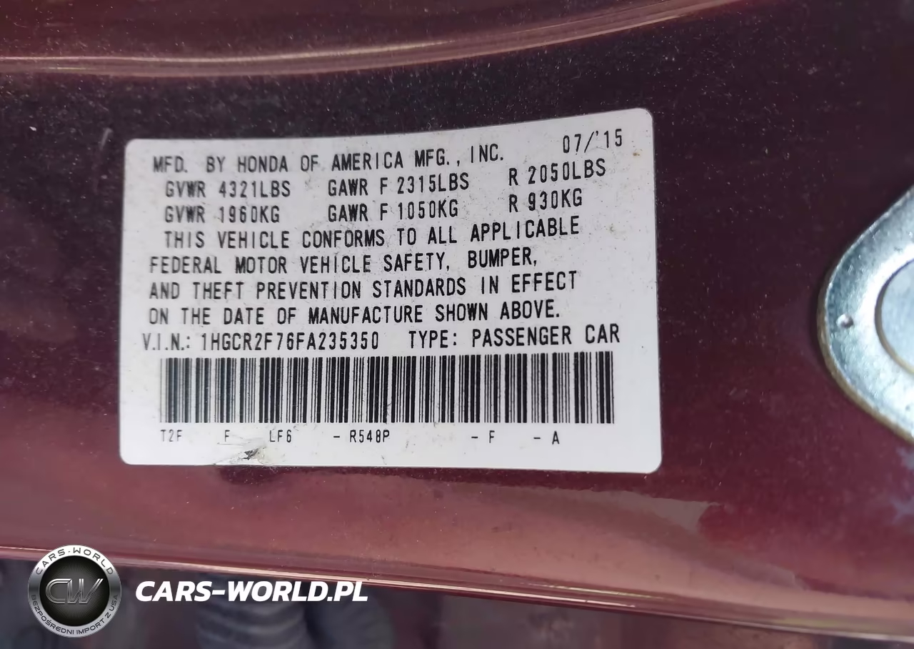 2015 Honda Accord Ex VIN:1HGCR2F76FA235350 - 9