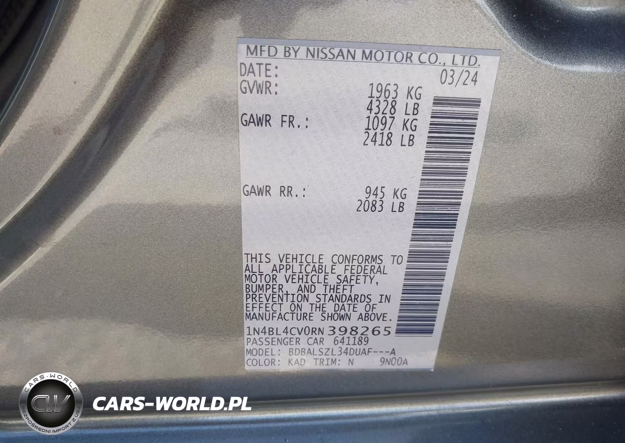 2024 Nissan Altima Sr Fwd VIN:1N4BL4CV0RN398265 - 9