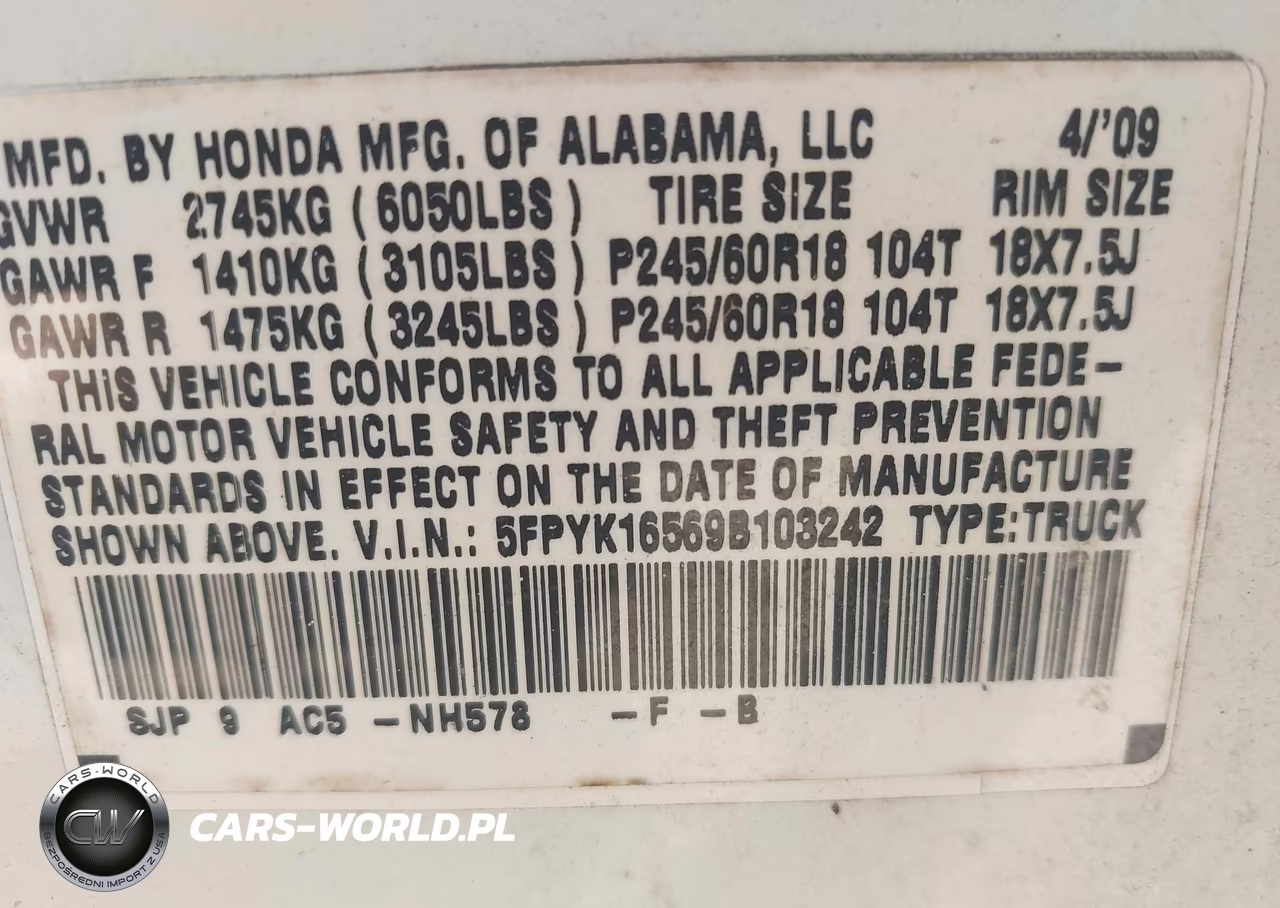 2009 Honda Ridgeline Rtl VIN:5FPYK16569B103242 - 9