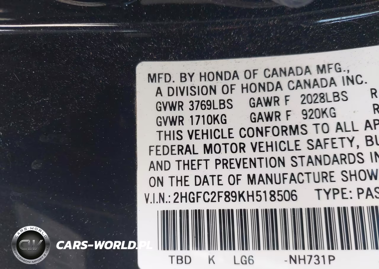 2019 Honda Civic Sport VIN:2HGFC2F89KH518506 - 9
