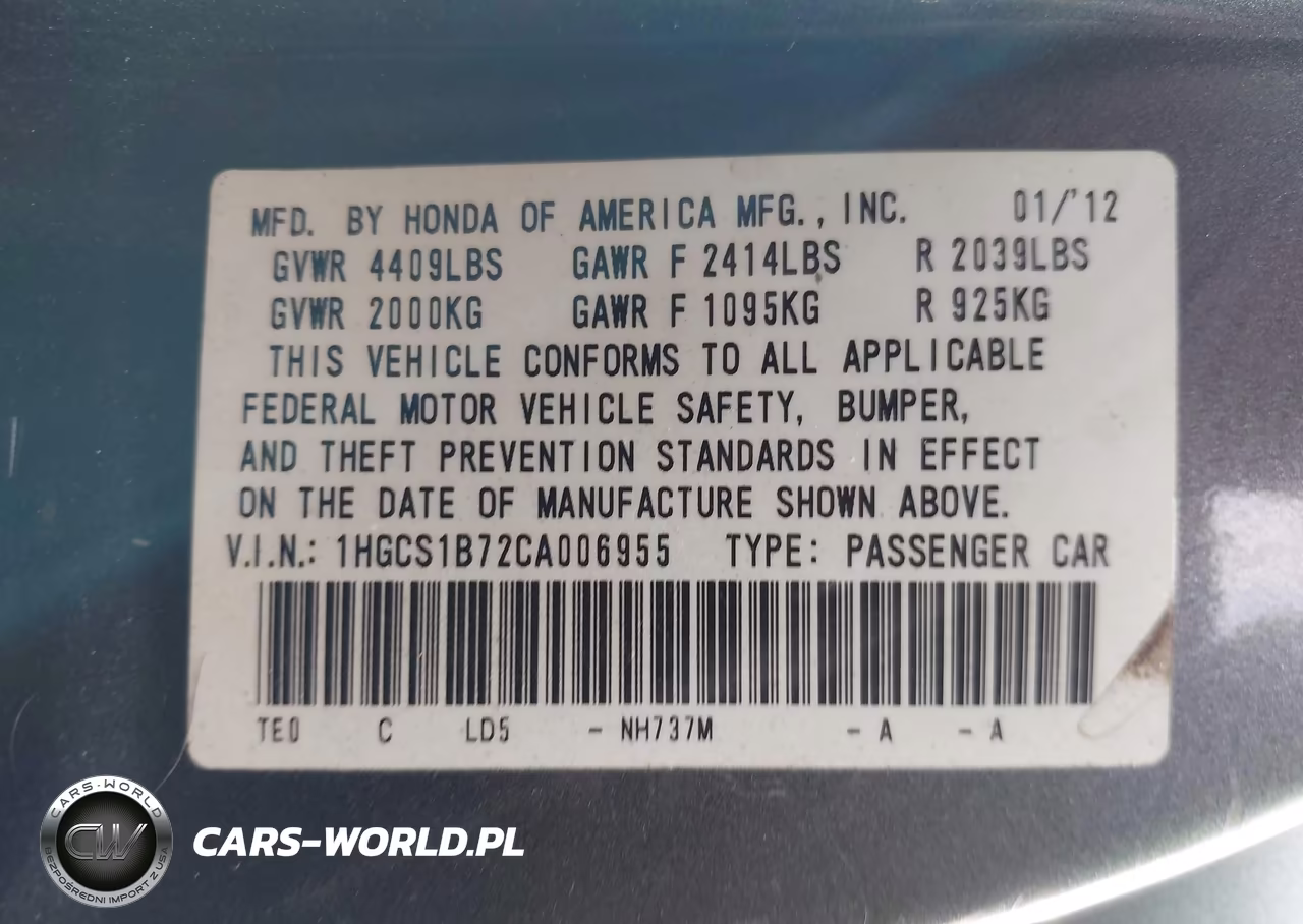 2012 Honda Accord 2.4 Ex VIN:1HGCS1B72CA006955 - 9