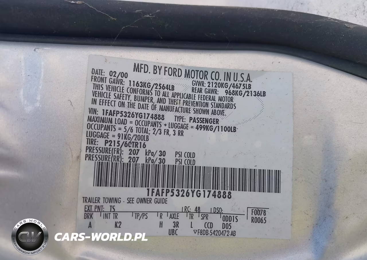2000 Ford Taurus Se VIN:1FAFP5326YG174888 - 9