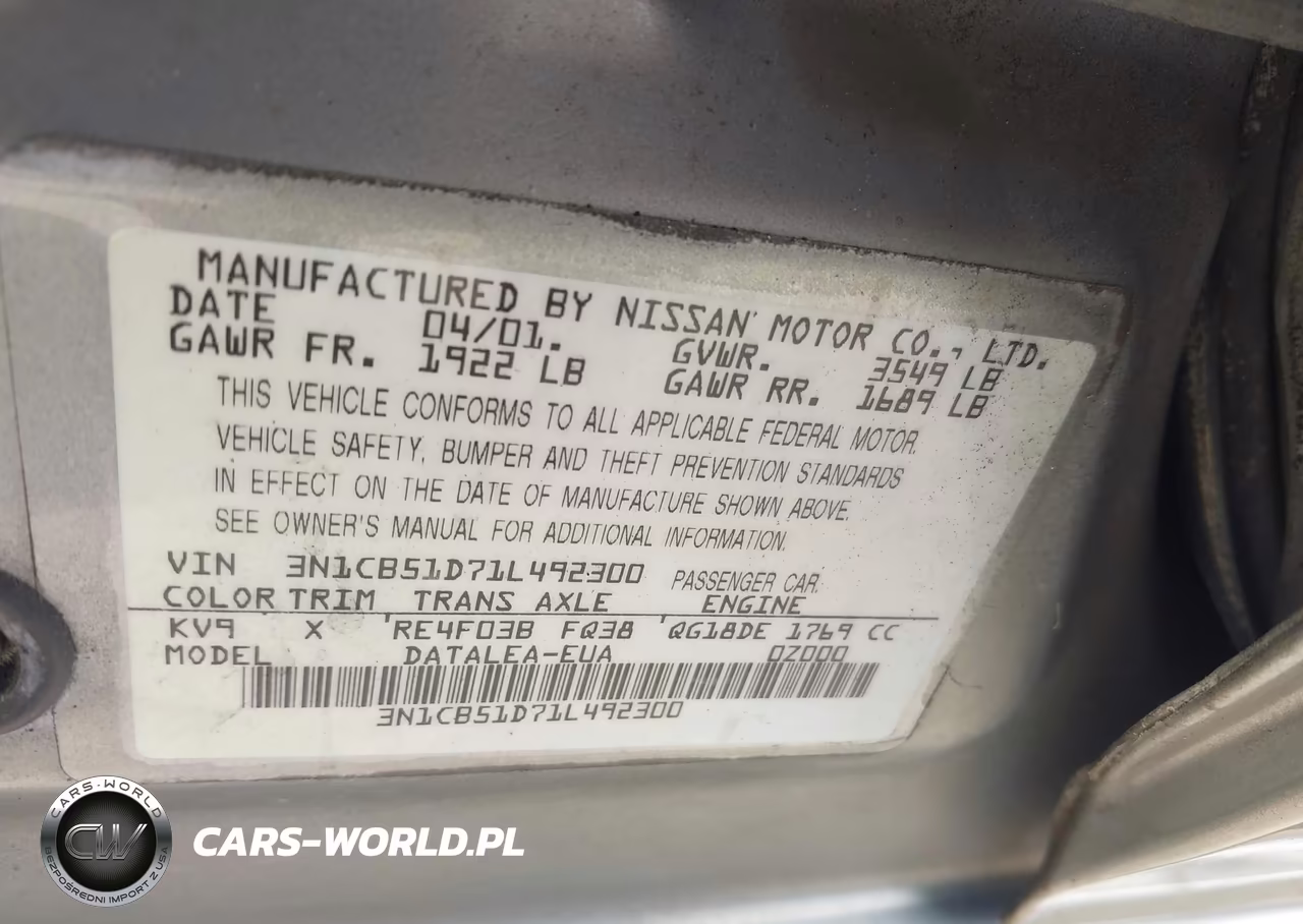 2001 Nissan Sentra Gxe VIN:3N1CB51D71L492300 - 9