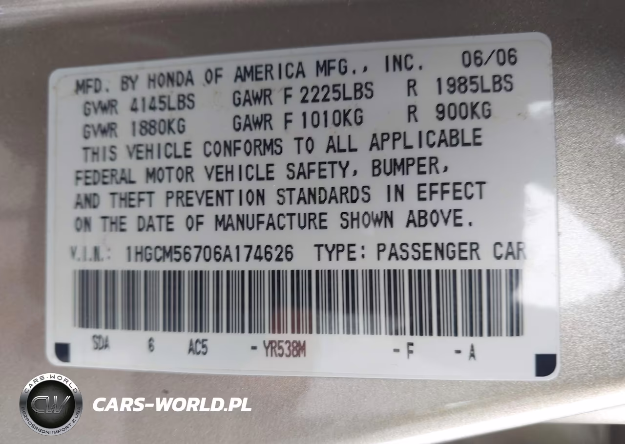 2006 Honda Accord 2.4 Ex VIN:1HGCM56706A174626 - 9